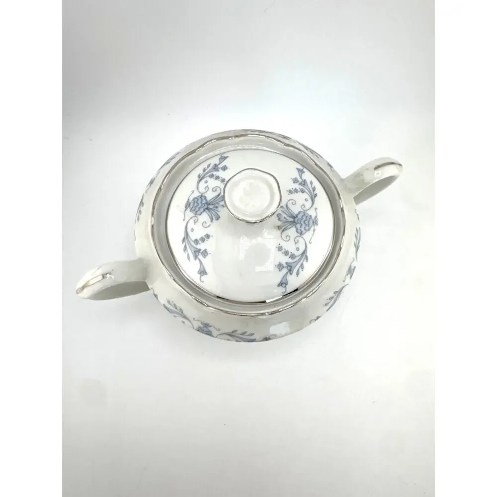 Vintage Smielow Poland‎ Porcelain Sugar Bowl Lid Blue Floral Silver Trim